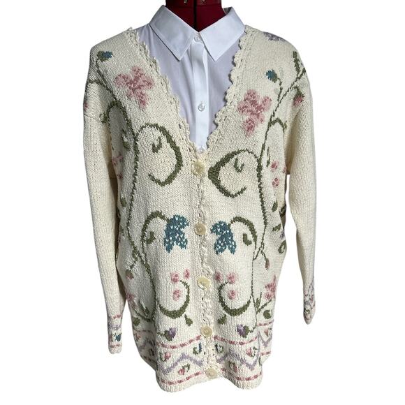 Vintage Liz Claiborne‎ Medium Large Hand Knit Floral Cream Long Line Cardigan - Picture 1 of 6